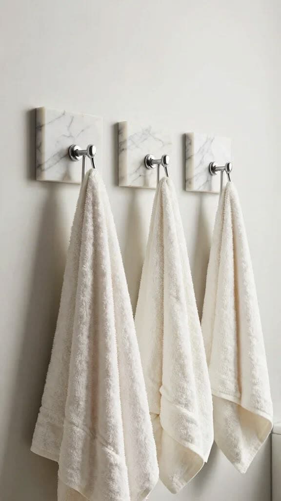 Trois patères carrées en marbre blanc, alignées sur un mur de salle de bain