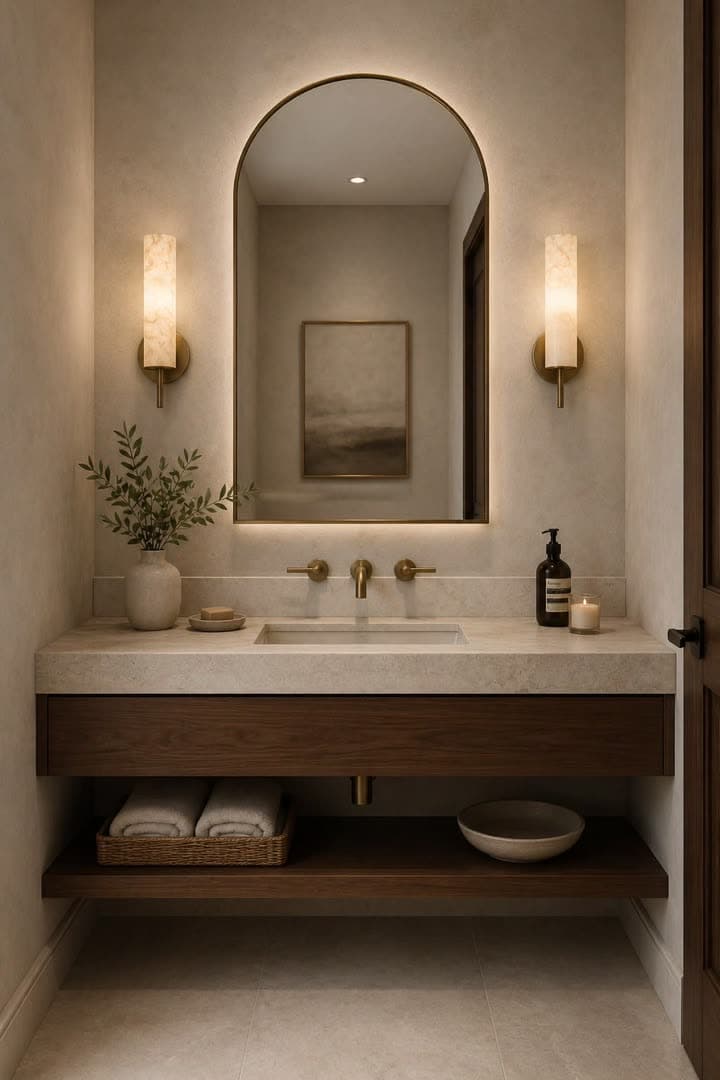 Plan de toilette en pierre crème à veinage discret, vasque encastrée et robinetterie murale